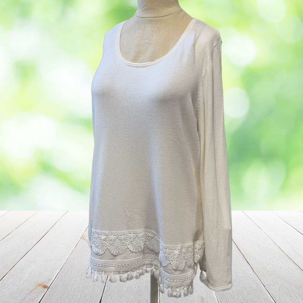 COLDWATER CREEK Tassel Hem Sweater Crochet Fringe Boho Pullover Top Size L